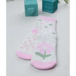 Calcetines antideslizantes para niña gris y rosa con flores