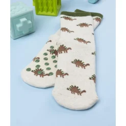 Calcetines antideslizantes beige de niño con dinosaurios