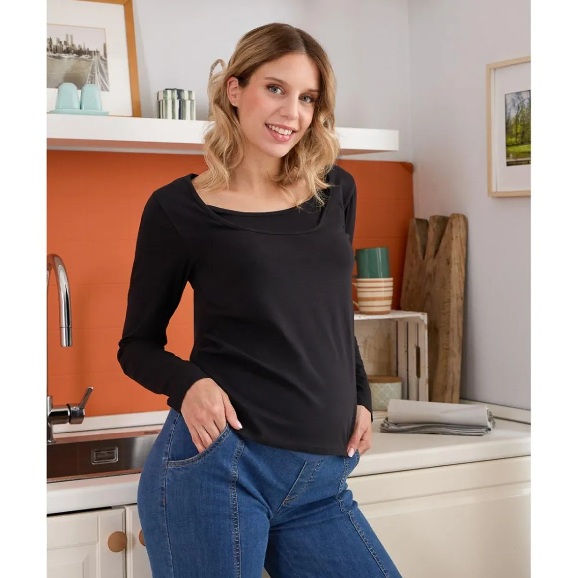 Camiseta de lactancia negra de jersey de algodón