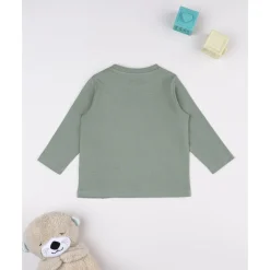 Camiseta de manga larga para niño verde con osito