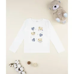 Camiseta de niña blanca con estampado de corazones y ositos