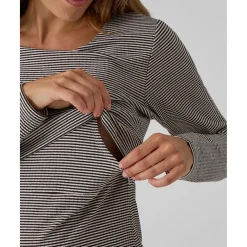 Camiseta premamá de lactancia negro y beige a rayas