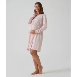 Camisón premamá rosa con volantes y lunares para embarazo y lactancia