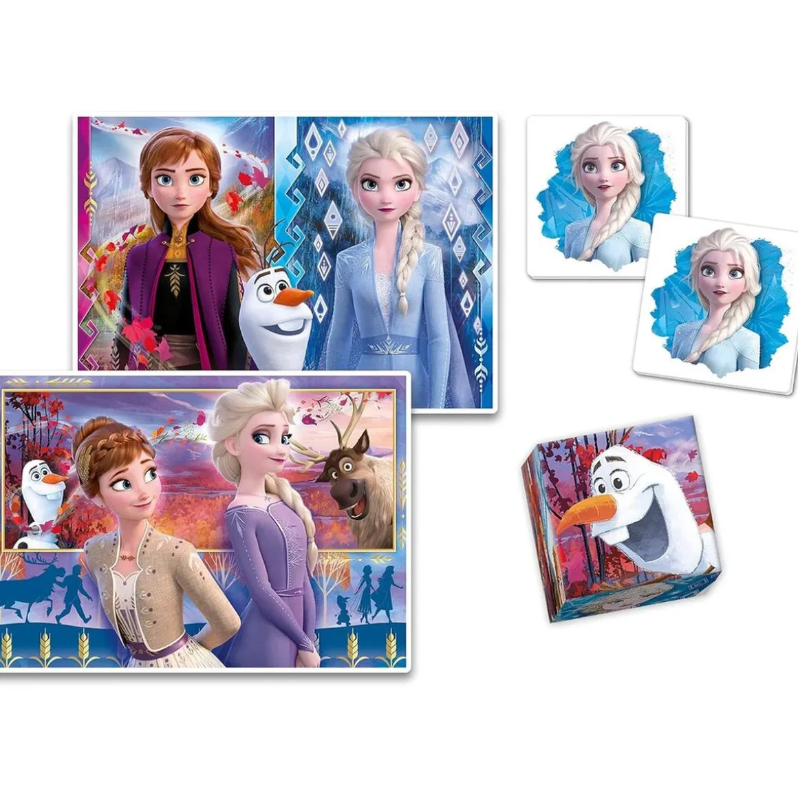Clementoni - Frozen - Edukit 4 en 1: Puzzle de 48 piezas, juego de memoria y 6 cubos educativos ㅤ