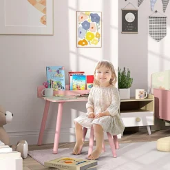 Conjunto de mesa y silla con estante integrado Rosa