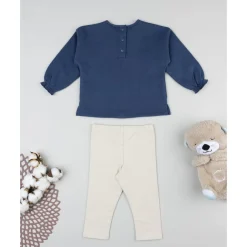 Conjunto jogging azul y beige para niña con perrito