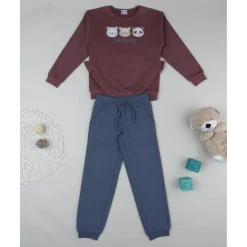 Conjunto niña sudadera burdeos + pantalón azul con volante