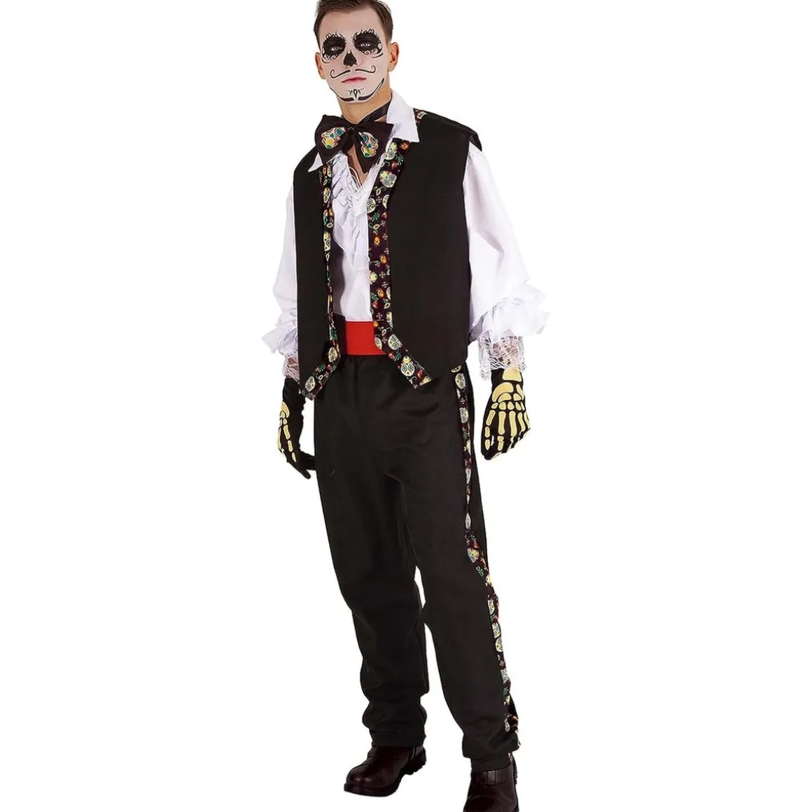 Disfraz adulto Catrin Pancho con pajarita y chaleco impreso ㅤ