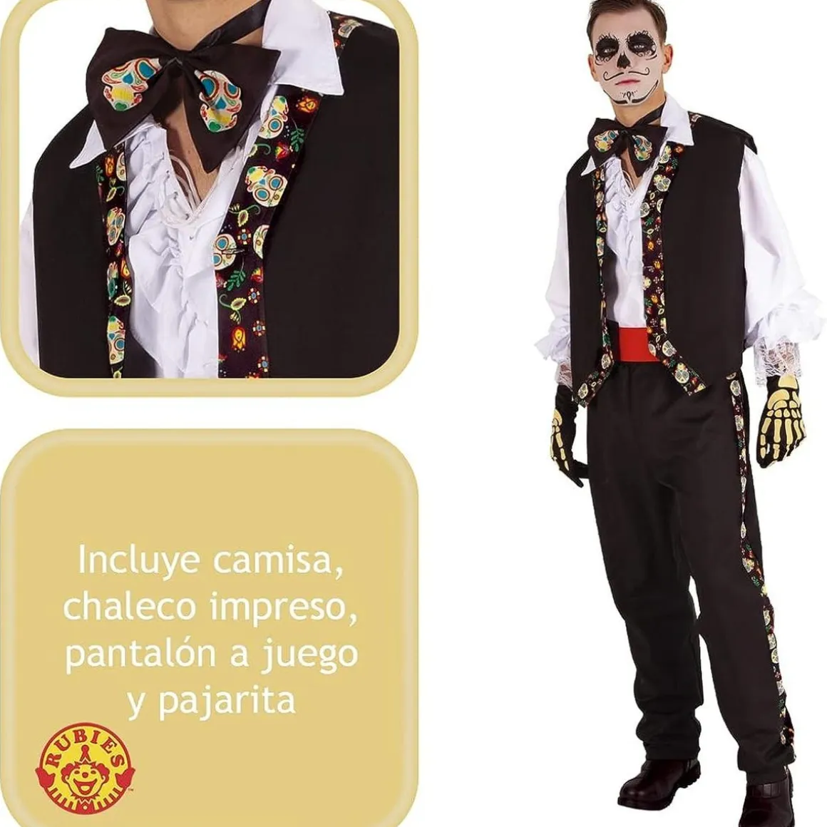 Disfraz adulto Catrin Pancho con pajarita y chaleco impreso ㅤ