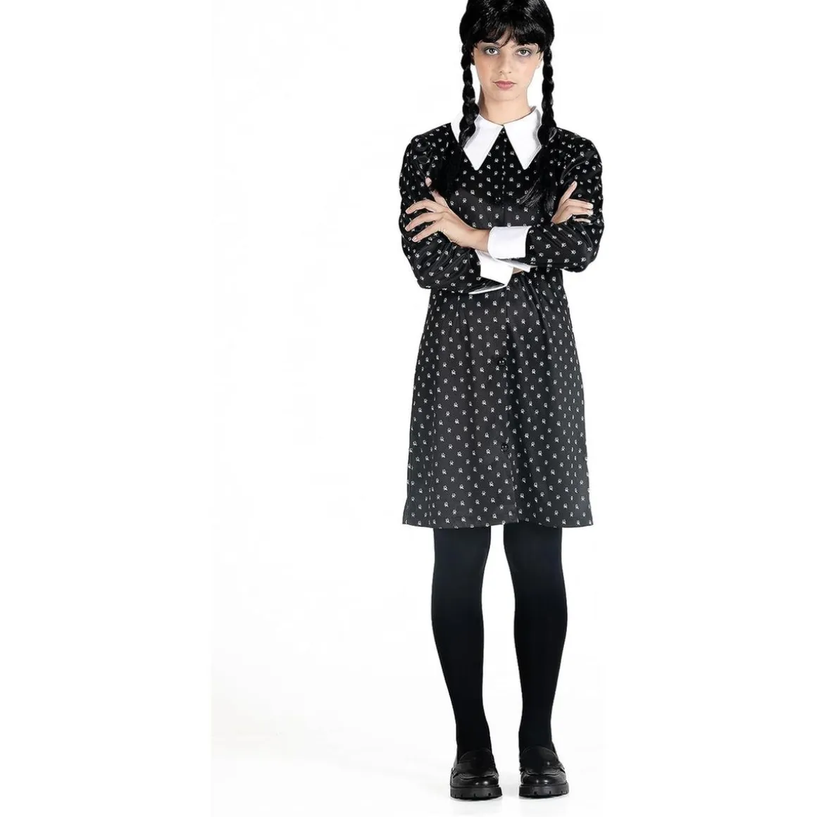 Disfraz Miércoles Addams vestido con peluca talla M