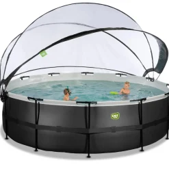 Exit - Piscina Black Leather diámetro 488 x 122 cm con filtro de arena, cúpula y bomba de calor