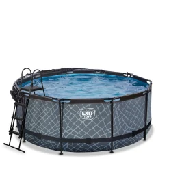 Exit - Piscina Stone efecto piedra gris diámetro 360 x 122 cm con filtro de arena, cúpula transparente y bomba de calor