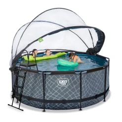 Exit - Piscina Stone efecto piedra gris diámetro 360 x 122 cm con filtro de arena, cúpula transparente y bomba de calor