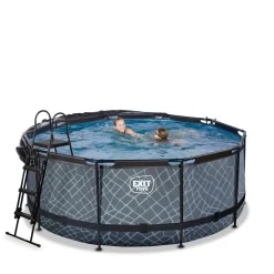 Exit - Piscina Stone efecto piedra gris diámetro 360 x 122 cm con filtro de arena, cúpula transparente y bomba de calor