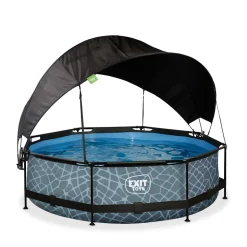 Exit - Piscina Stone efecto piedra gris diámetro 300 x 76 cm con filtro y toldo negro