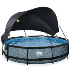 Exit - Piscina Stone efecto piedra gris diámetro 360 x 76 cm con filtro y toldo negro