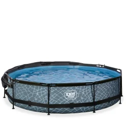 Exit - Piscina Stone efecto piedra gris diámetro 360 x 76 cm con filtro y toldo negro