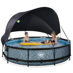 Exit - Piscina Stone efecto piedra gris diámetro 360 x 76 cm con filtro y toldo negro