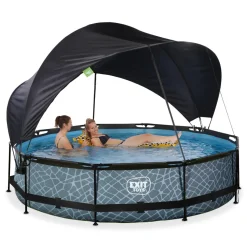 Exit - Piscina Stone efecto piedra gris diámetro 360 x 76 cm con filtro y toldo negro