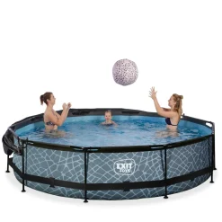 Exit - Piscina Stone efecto piedra gris diámetro 360 x 76 cm con filtro y toldo negro