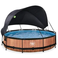 Exit - Piscina Wood efecto madera diámetro 360 x 76 cm con filtro y toldo negro