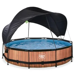 Exit - Piscina Wood efecto madera diámetro 360 x 76 cm con filtro y toldo negro
