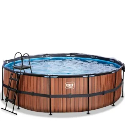 Exit - Piscina Wood efecto madera diámetro 450 x 122 cm con filtro de arena, cúpula y bomba de calor