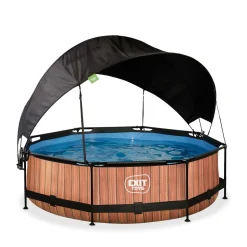 Exit - Piscina Wood efecto madera diámetro 300 x 76 cm con filtro y toldo negro
