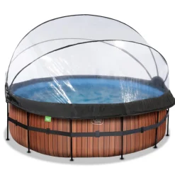Exit - Piscina Wood efecto madera diámetro 427 x 122 cm con filtro de arena, cúpula y bomba de calor