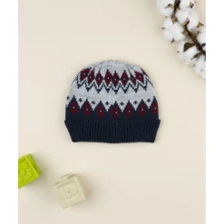 Gorro tricot azul y gris con grecas para niño