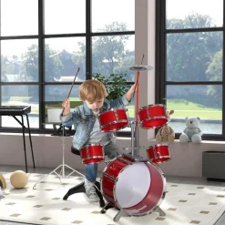 Homcom - Batería infantil 6 piezas con taburete Rojo