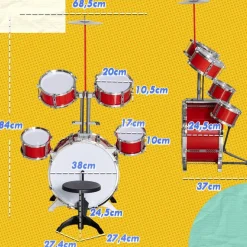 Homcom - Batería infantil 6 piezas con taburete Rojo