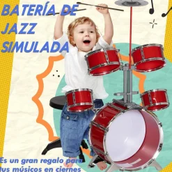 Homcom - Batería infantil 6 piezas con taburete Rojo