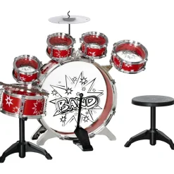 Homcom - Batería infantil 7 piezas con taburete Rojo
