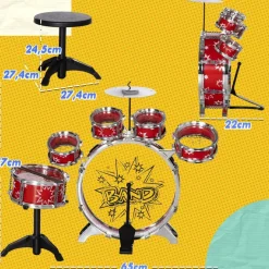 Homcom - Batería infantil 7 piezas con taburete Rojo