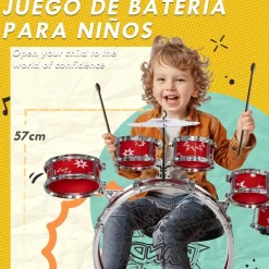 Homcom - Batería infantil 7 piezas con taburete Rojo