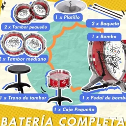 Homcom - Batería infantil 7 piezas con taburete Rojo