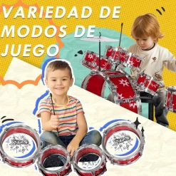 Homcom - Batería infantil 7 piezas con taburete Rojo