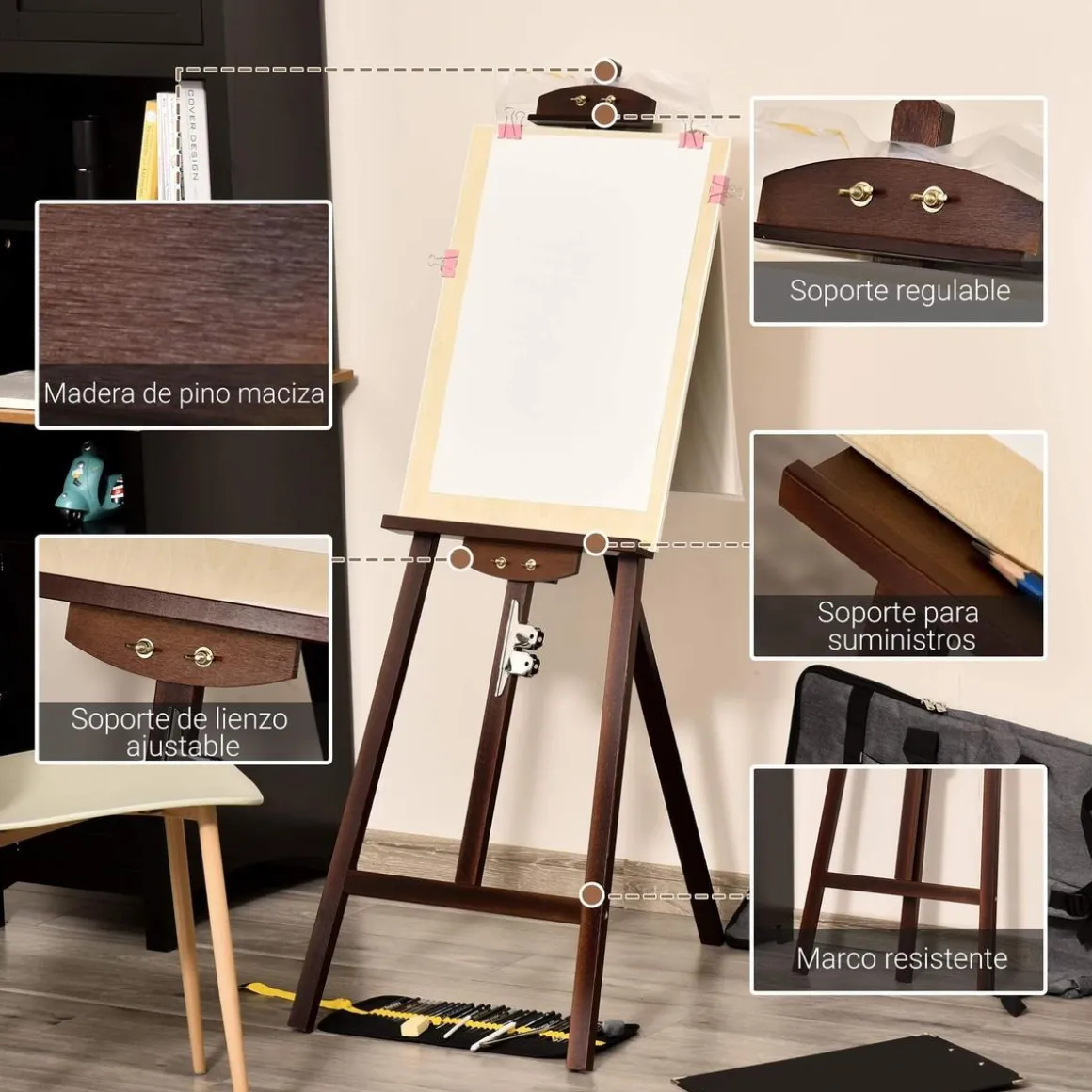 Homcom - Caballete de madera con trípode Marrón