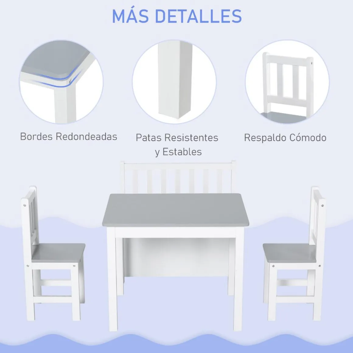 Homcom - Conjunto Infantil Mesa + Banco + 2 sillas madera