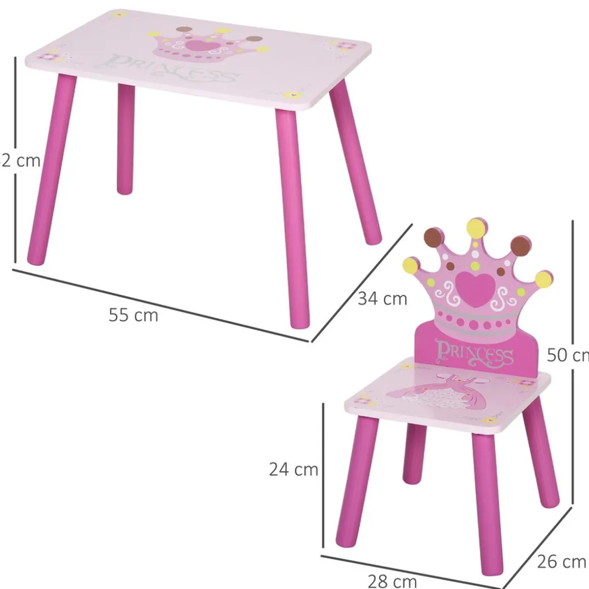 Homcom - Conjunto Mesa + 2 Sillas infantiles Madera Princess