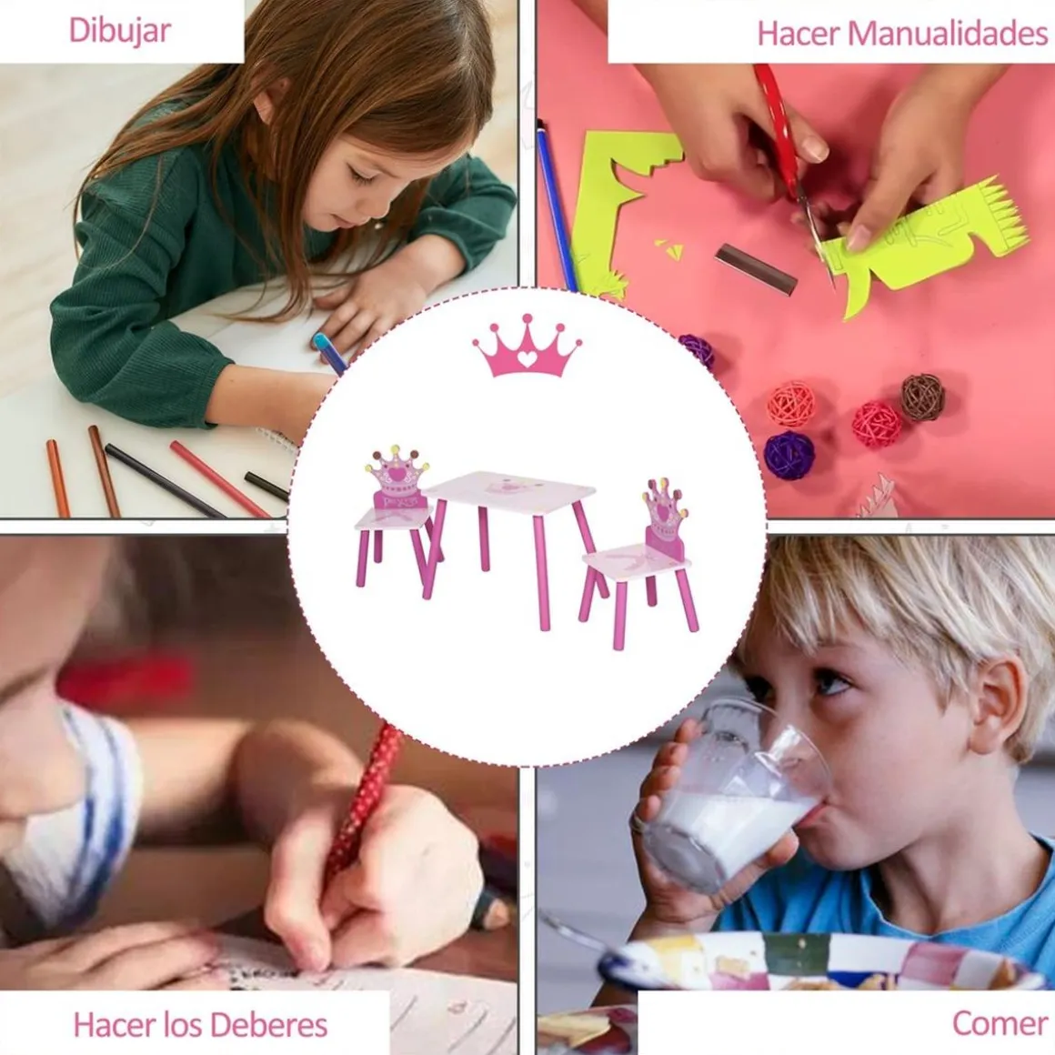 Homcom - Conjunto Mesa + 2 Sillas infantiles Madera Princess