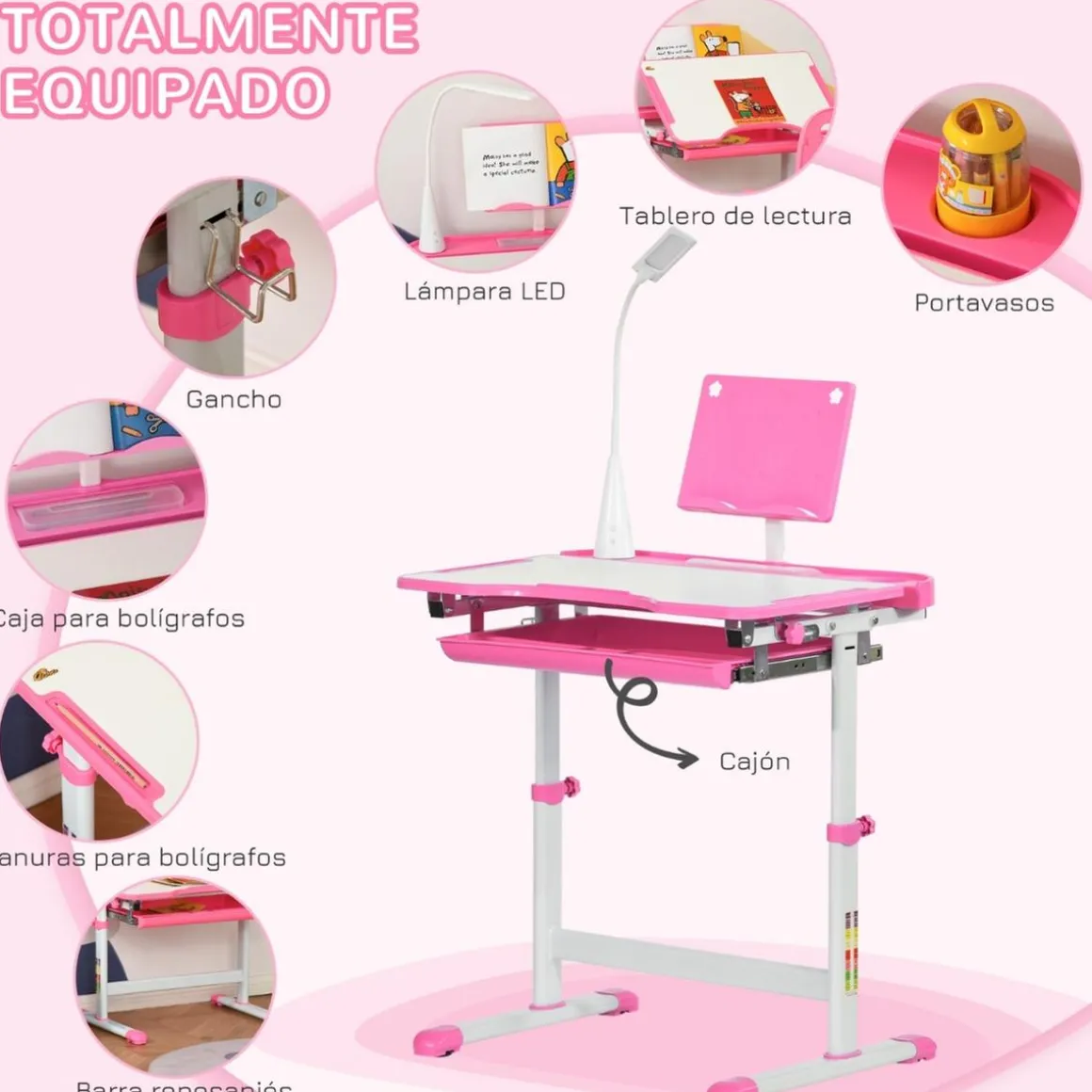 Homcom - Conjunto Pupitre reclinable + Silla Rosa