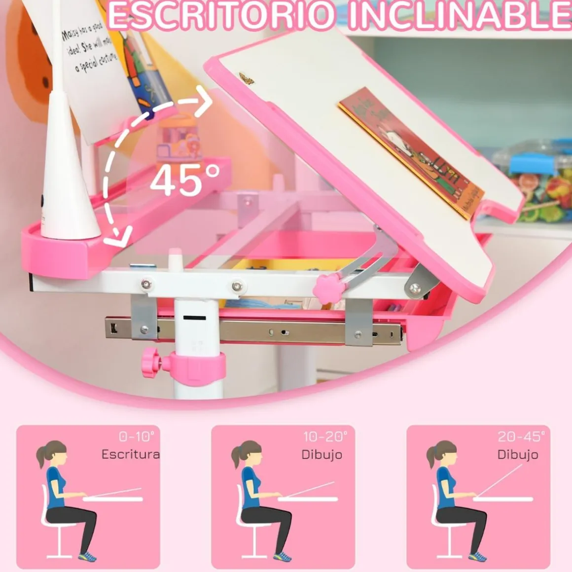 Homcom - Conjunto Pupitre reclinable + Silla Rosa