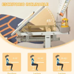 Homcom - Conjunto Pupitre reclinable + Silla Gris con lámpara