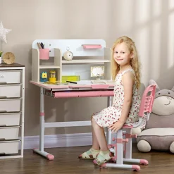 Homcom - Escritorio con estante y silla con altura ajustable Blanco y Rosa