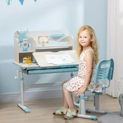 Homcom - Escritorio con estante y silla ajustable Blanco y Azul