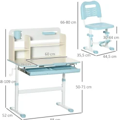 Homcom - Escritorio con estante y silla ajustable Blanco y Azul