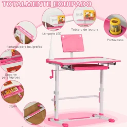 Homcom - Escritorio y silla ajustables Rosa