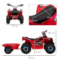 Homcom - Quad Eléctrico Rojo con Remolque